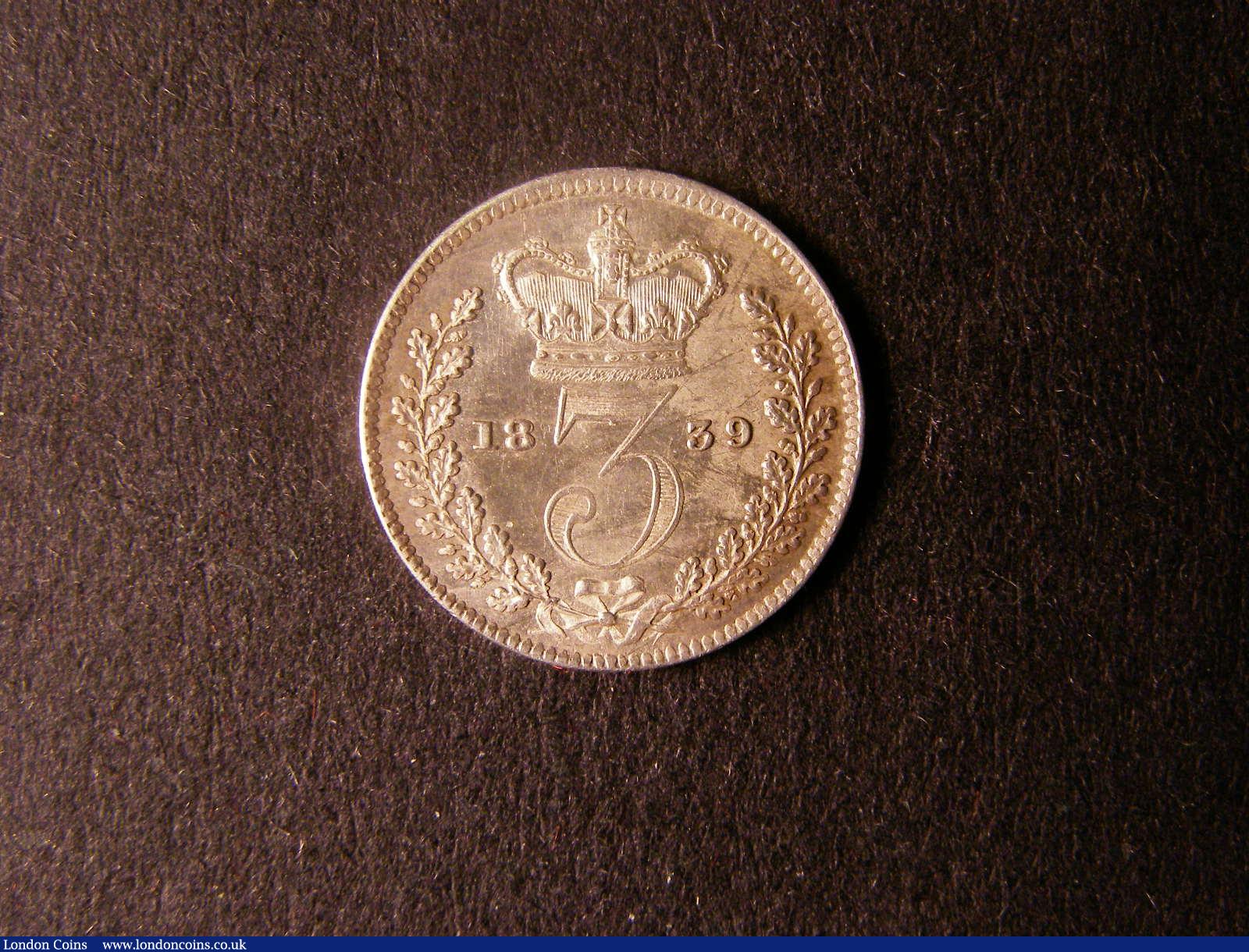 London Coins : A124 : Lot 979 : Threepence 1839 ESC 2049 GEF with a duller area on the reverse