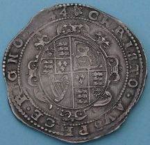 London Coins : A124 : Lot 1805 : Crown Charles I, Exeter mint, king on horseback, R. oval garnished shield, 1644,...