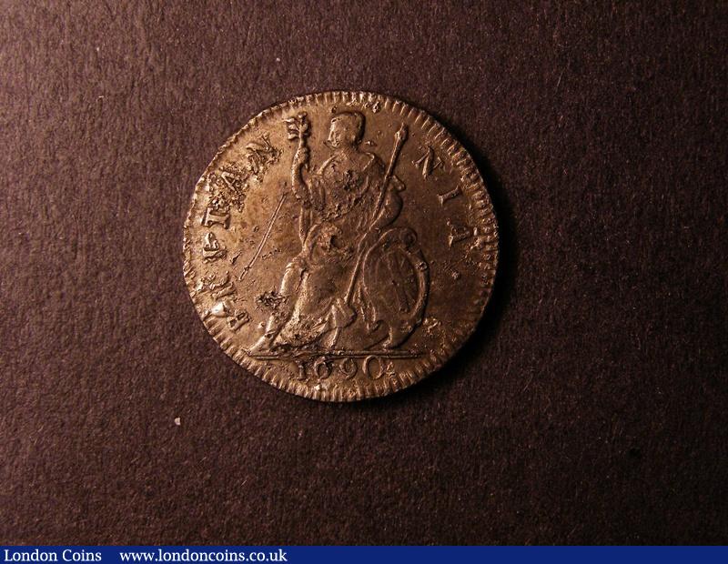 London Coins : A126 : Lot 964 : Farthing 1690 with 1690 on edge NVMMO.RVM * FAMVLVS * 1690 (closest to Peck 577A) with stars on edge...