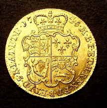 London Coins : A126 : Lot 1049 : Guinea 1745 S.3678 Lustrous EF with a few flecks of haymarking