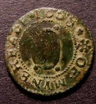 London Coins : A126 : Lot 593 : Farthing 17th Century Somerset Minehead 1668 The Poores Farthinge Dickinson 187 Fine with green pati...