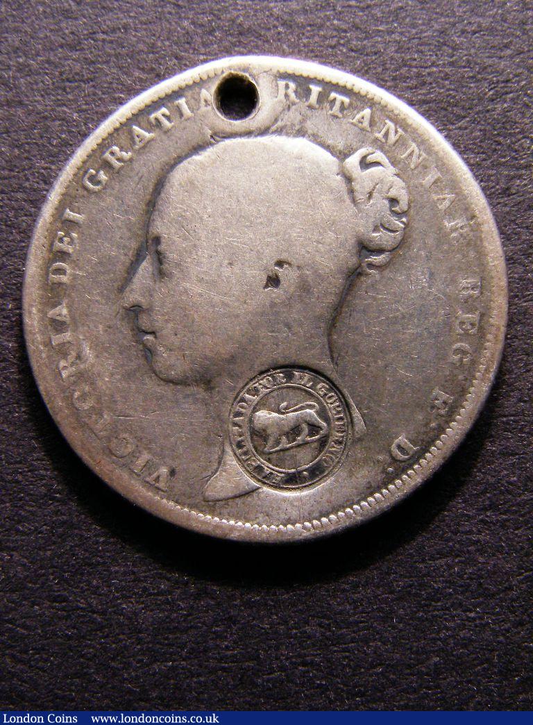 Costa Rica 2 Reales undated 1849-1857 type VI countermark on GB Victoria Shilling VG holed at the top of the obverse : World Coins : Auction 127 : Lot 715