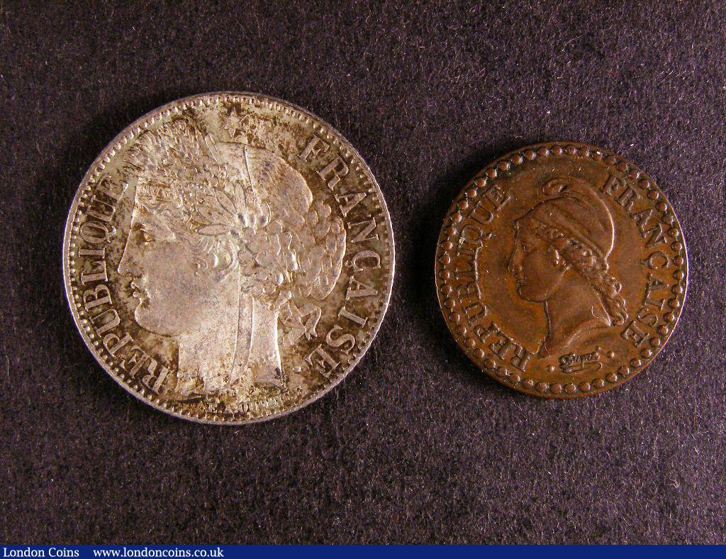 France (2) One Franc 1851A Le Franc 211/9 A/UNC toned with minor cabinet friction, One Centime 1848A Le Franc 101/1 NEF : World Coins : Auction 127 : Lot 719