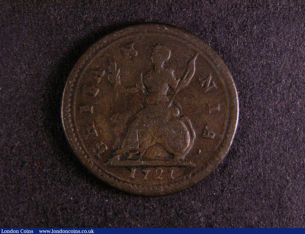 London Coins : A127 : Lot 1407 : Farthing 1721 E over X in REX, unrecorded by Peck, we note no example in the Cooke collectio...
