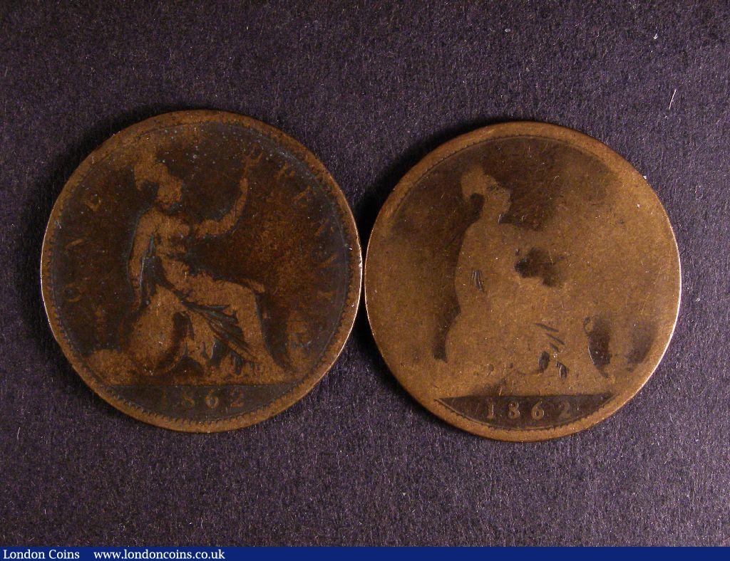 Penny 1862 with Small Date Figures from the Halfpenny die Freeman 41 dies 6+G. Rated R18 by Freeman. Only Poor but the variety very clear and very few examples known, sold with a normal date specimen VG for comparison : English Coins : Auction 127 : Lot 1746