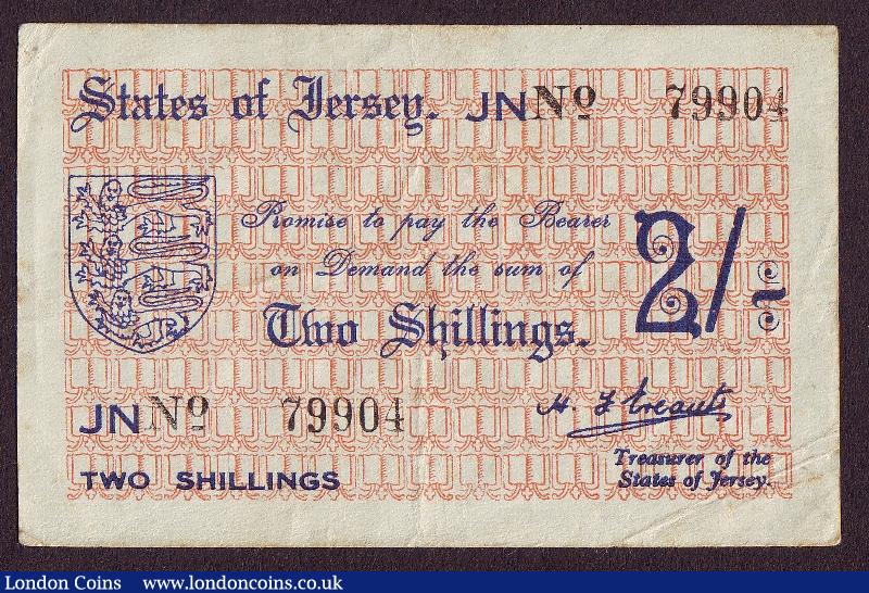 Jersey 2/- 1941 Pick 4 serial no 79904 a variety with the books in the reverse design inverted Fine : World Banknotes : Auction 128 : Lot 353