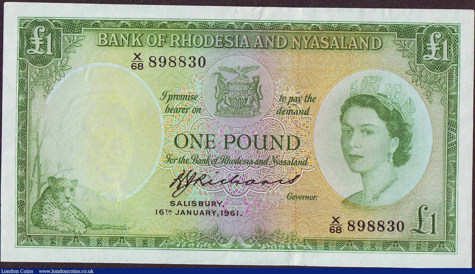 Rhodesia and Nyasaland One Pound 1956-1961 issue Pick 21b dated 16th January 1961 UNC and rare in this grade : World Banknotes : Auction 128 : Lot 368
