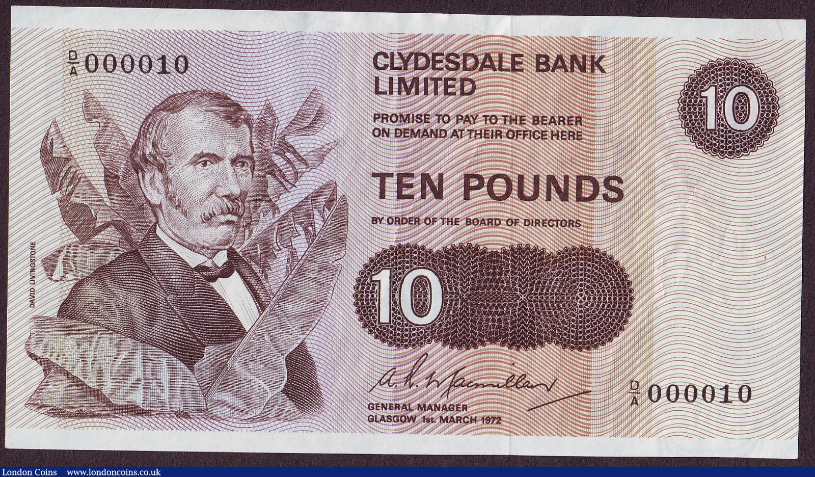 Scotland Clydesdale Bank Ltd £10 dated 1972, first run extremely low number D/A 000010, Pick207a, about EF and scarce : World Banknotes : Auction 128 : Lot 375