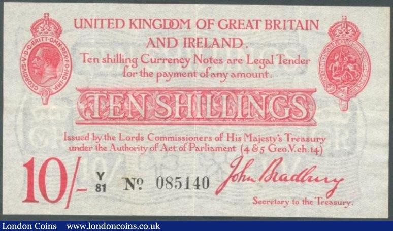 Treasury 10 shillings Bradbury T13.1 issued 1915 prefix Y/81, light stain reverse, VF-GVF : English Banknotes : Auction 129 : Lot 103