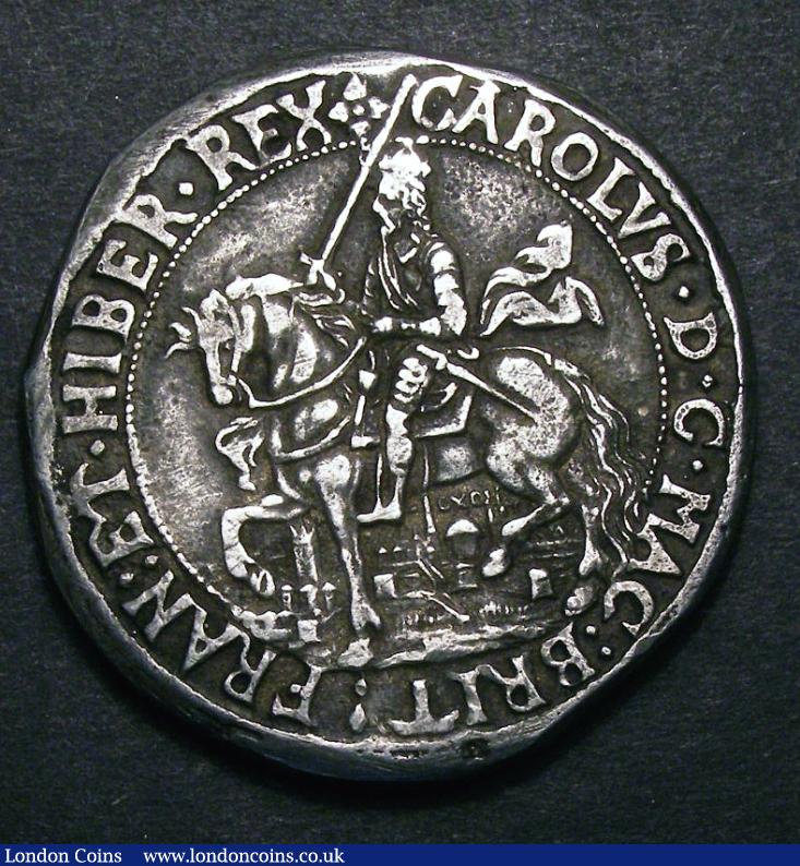 Crown Charles I 1644 Oxford Mint Rawlin's Crown with the king riding over the city view, a cast copy in silver and of good style, NVF with some light pits in the fields : Hammered Coins : Auction 129 : Lot 1044