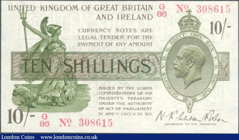 Treasury 10 shillings Warren Fisher T25 issued 1919 prefix G/86 No. with dot, pressed EF-GEF : English Banknotes : Auction 129 : Lot 113
