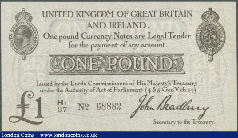 Treasury one pound Bradbury T11.2 issued 1915, serial H1/37 68882, about UNC and scarce high grade : English Banknotes : Auction 129 : Lot 125