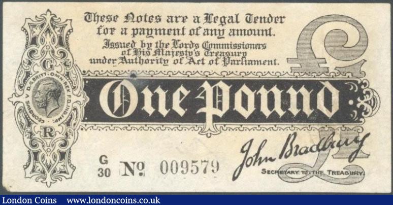 Treasury one pound Bradbury T3.3 issued 1914, serial G/30 009579, small hole centre left & pinholes, cleaned & pressed, trimmed, missing bottom left corner tip, Fine-VF but looks better : English Banknotes : Auction 129 : Lot 129