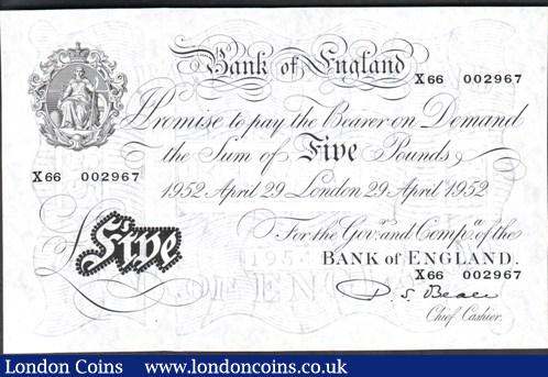 Five pounds Beale white B270 dated 29th April 1952 serial X66 002967 about UNC to UNC : English Banknotes : Auction 129 : Lot 173
