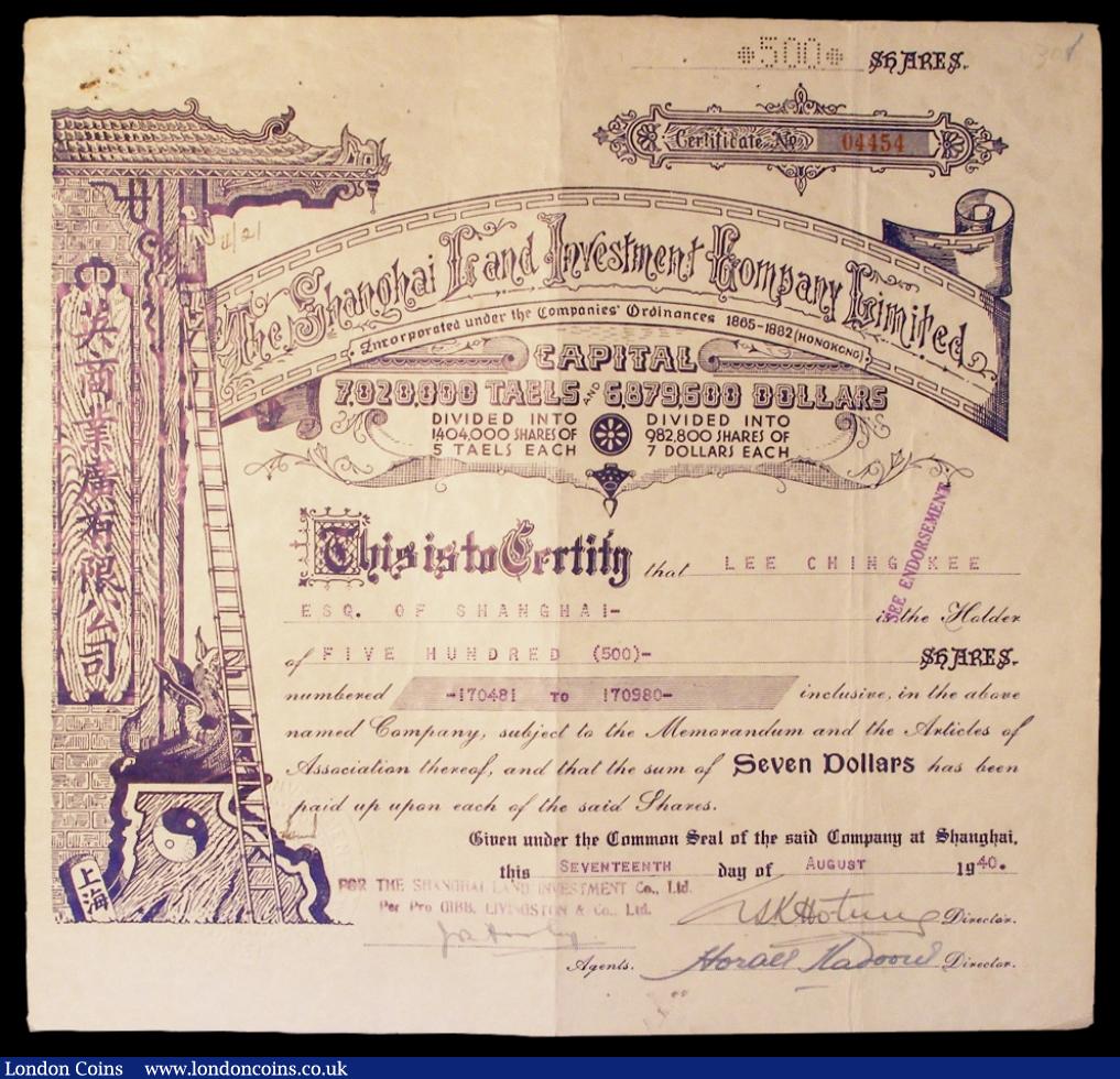 China, Shanghai Land Investment Co. Ltd., incorporated Hong Kong, share certificate, Shanghai 1940, vignette of building with dragon and man on ladder at left, blue, folds and pin holes at top left, AVF. (1). : Bonds and Shares : Auction 129 : Lot 39