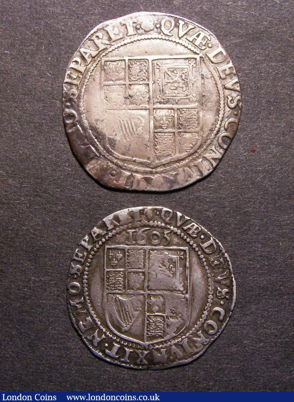Shilling James I Second Coinage Third Bust S.2654 mintmark rose Fine with the reverse better, Sixpence James I Second Coinage Third Bust 1605 S.2657 mintmark Lis Fine/Good Fine : Hammered Coins : Auction 129 : Lot 1107