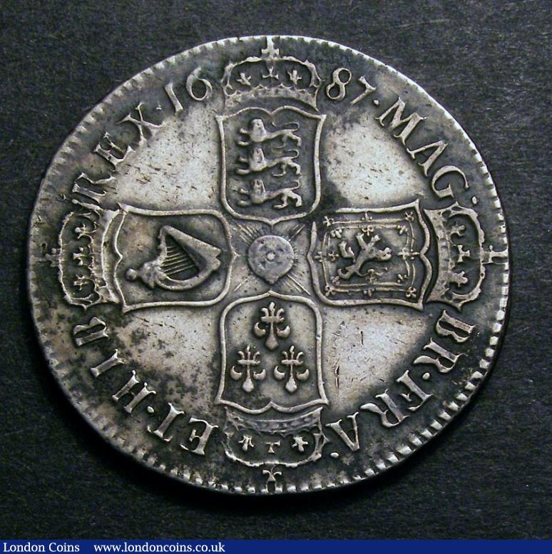 Halfcrown 1687 TERTIO First Bust ESC 498 GVF with some ingrained dirt and light flecks of haymarking : English Coins : Auction 129 : Lot 1394