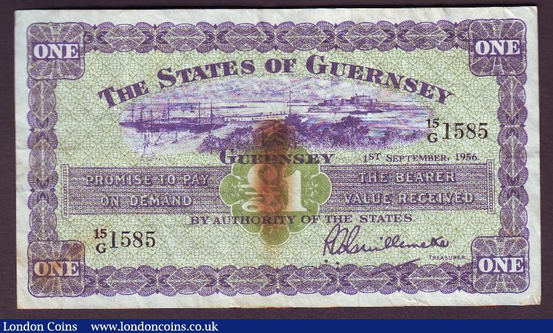 Guernsey £1 dated 1st September 1956 serial 15/G 1585, burn stain at centre & small inked number reverse, scarcer date type, Pick43a, Fine : World Banknotes : Auction 130 : Lot 350