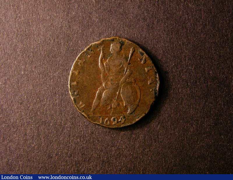 London Coins : A131 : Lot 1189 : Farthing 1694 Single Exergue Line, weighs 5.82 grammes, right side of exergue splits into tw...