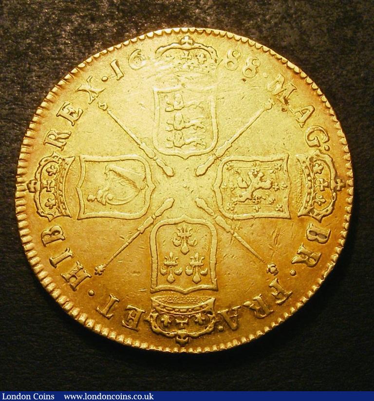 London Coins : A132 : Lot 954 : Five Guineas 1688 QVARTO Second Laureate Bust S.3397A About VF/GF with a slight weakness below the t...