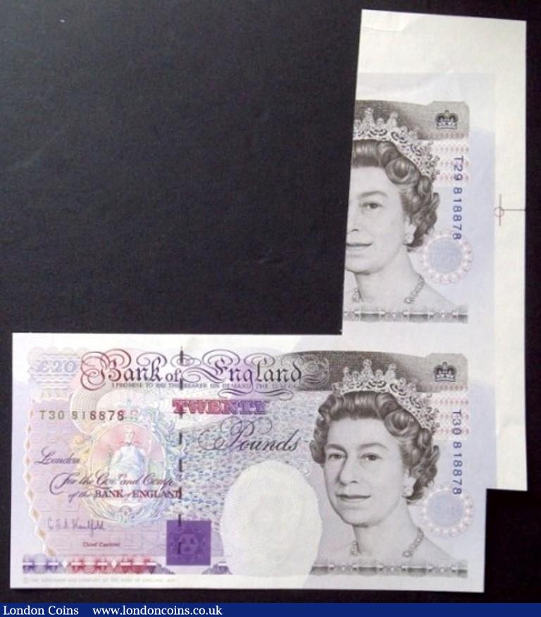 ERROR £20 Kentfield B371 issued 1991, folds with extra paper & two Queens, serial T30 818878 on lower complete note & T29 818878 on the right side upper 1/3 size note, a striking example, GEF and scarce : English Banknotes : Auction 133 : Lot 2299