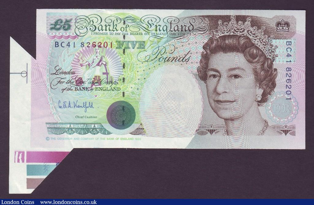 ERROR Five Pounds Kentfield. B364. Error. BC41 826201. Extra paper at left hand side showing three colour bars. Excellent error. UNC. : English Banknotes : Auction 133 : Lot 2313