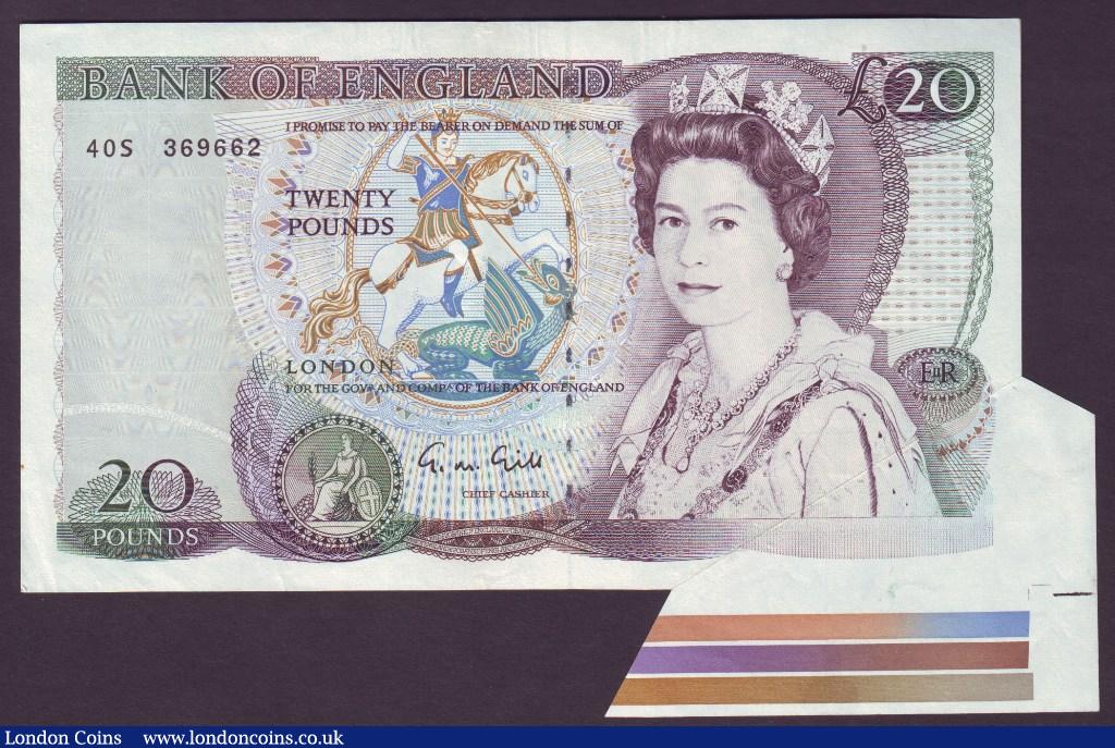 ERROR Twenty Pounds Gill. B355. Error. Large extra paper at bottom right which show three colour bars. EF. : English Banknotes : Auction 133 : Lot 2338