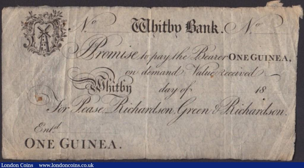 Whitby Bank 1 guinea 18xx (1810-15) unissued remainder for Pease, Richardson, Green & Richardson, (Outing 2342e for type), a few pinholes, about VF and scarce : English Banknotes : Auction 133 : Lot 2464