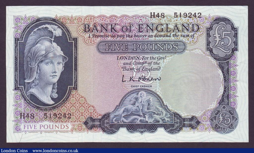 Five Pounds O'Brien. B280. H48 519242. First series. EF to UNC. : English Banknotes : Auction 133 : Lot 2746
