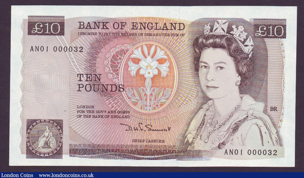 Ten Pounds Somerset. B348. First series. AN01 000032. Very low number. UNC condition. Very scarce. : English Banknotes : Auction 133 : Lot 2959