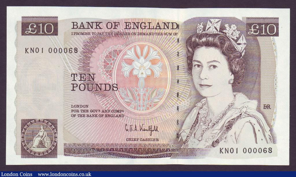 Ten Pounds Kentfield. B360. KN01 First series. KN01 000068. Very low number and scarce thus. UNC.  : English Banknotes : Auction 133 : Lot 3012