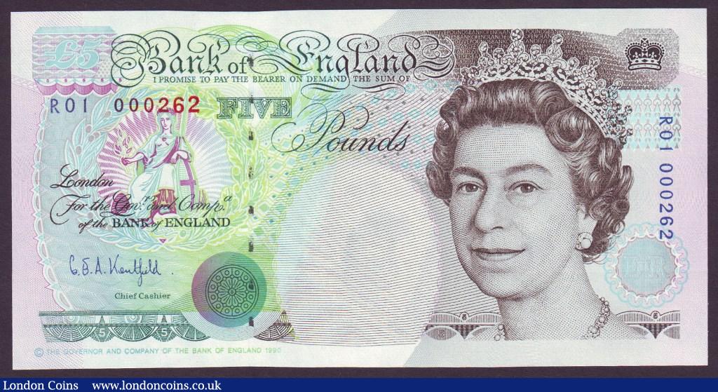 Five Pounds Kentfield. B362. R01 000262. First series. Low number. Very rare thus. UNC. : English Banknotes : Auction 133 : Lot 3036