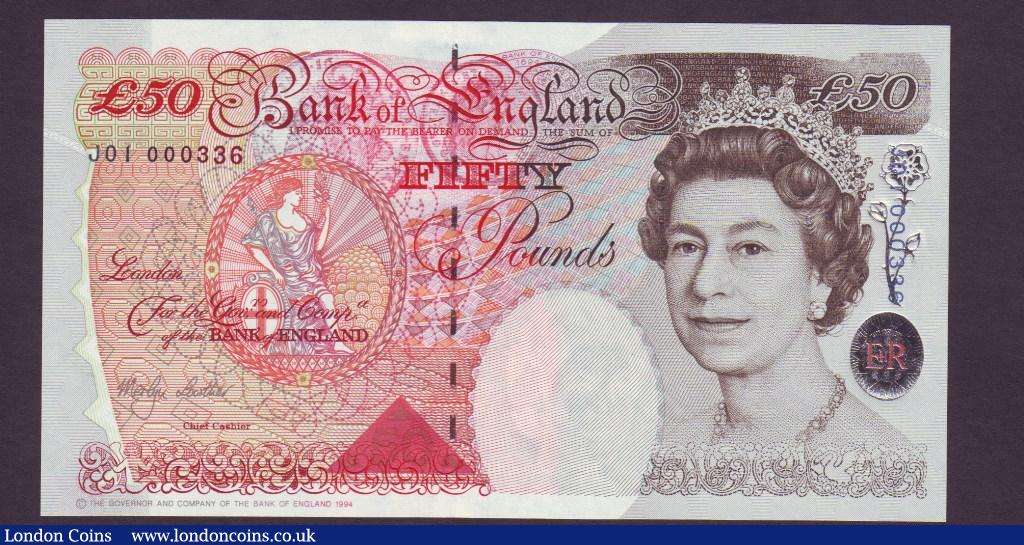 Fifty Pounds Lowther. B385. First series. J01 000336. A scarce low number. UNC. : English Banknotes : Auction 133 : Lot 3111
