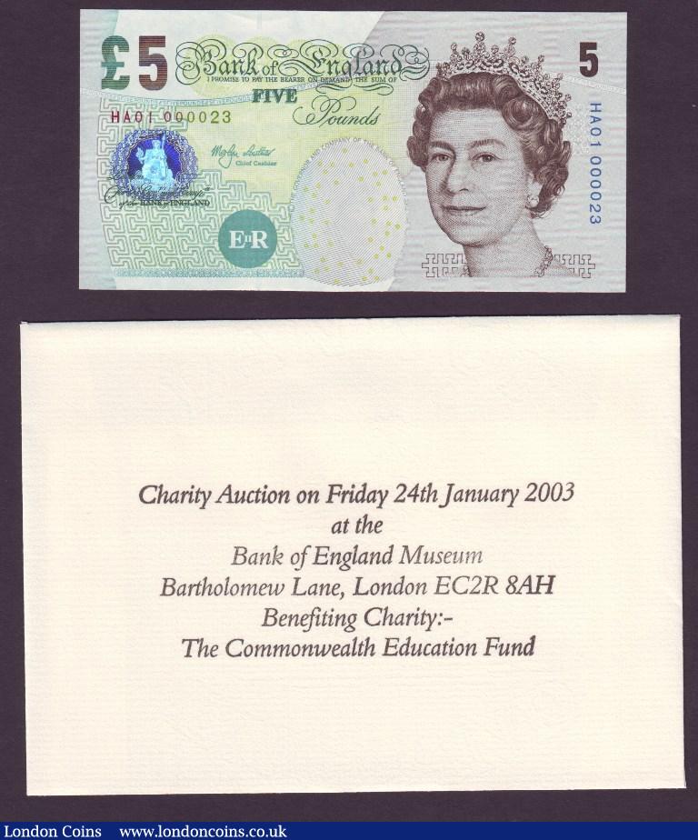 Five Pounds Lowther. B395. HA01 000023. With an official Bank of England envelope, on it headed "Charity auction of Friday 24th January 2003".  UNC. : English Banknotes : Auction 133 : Lot 3157