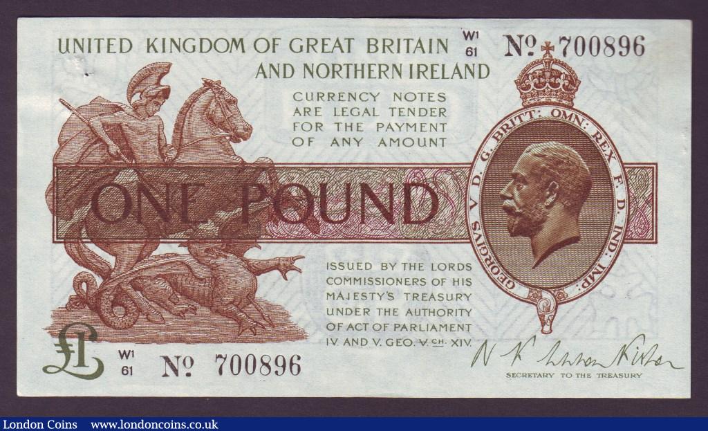 One Pound Fisher. T35. W1/61 700896. Staple hole on left. About EF : English Banknotes : Auction 133 : Lot 3305