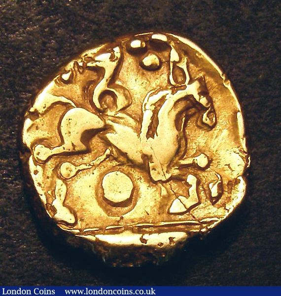 London Coins : A133 : Lot 104 : Stater Early Whaddon Chase.  Au Stater.  C,55-45 BC.  Obv; Wreath motif.  Rev; Horse r&#...