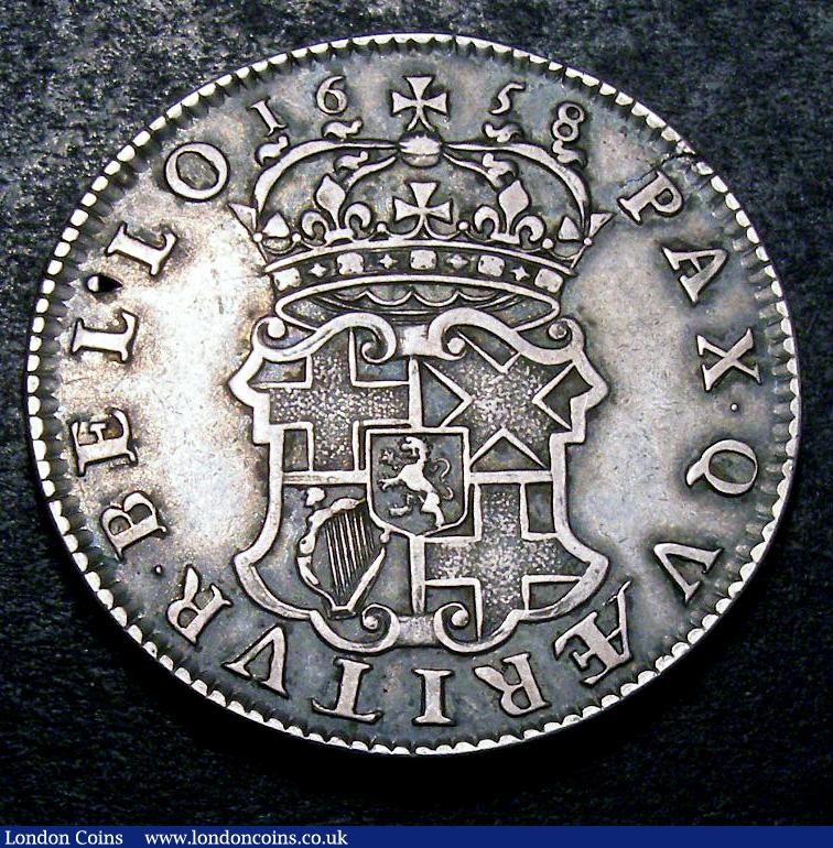 London Coins : A133 : Lot 149 : Halfcrown Cromwell 1658 ESC 447 Fine/NVF with a small dig in BELLO otherwise with excellent eye appe...