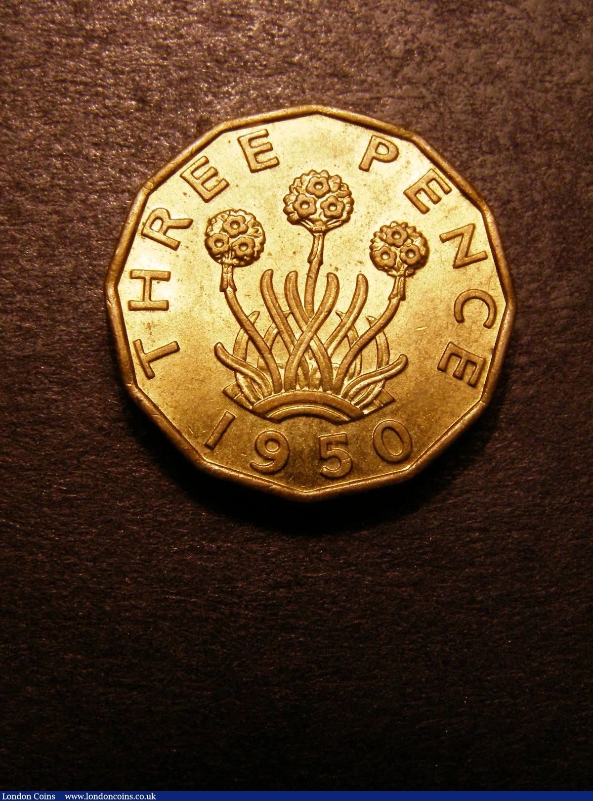 London Coins : A133 : Lot 225 : Brass Threepence 1950 Peck 2394 Lustrous UNC with a few light contact marks on the obverse and a sma...