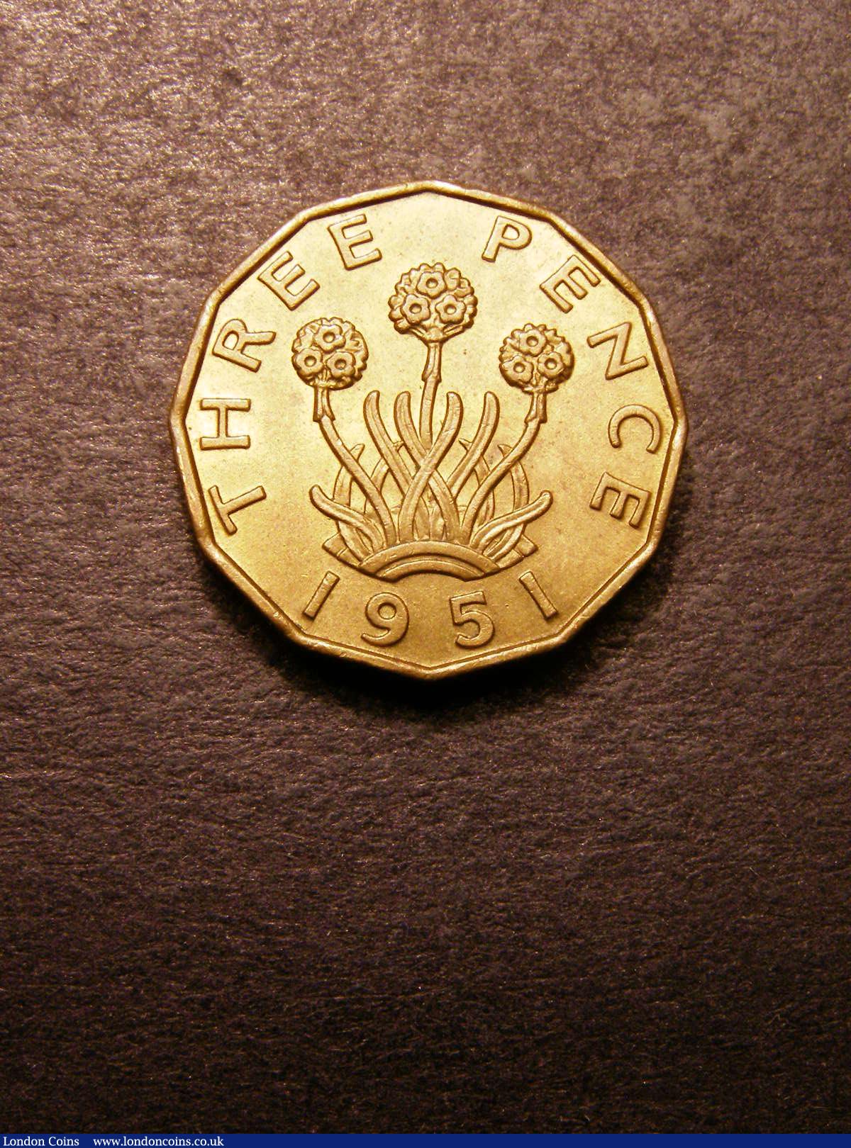 London Coins : A133 : Lot 226 : Brass Threepence 1951 Peck 2396 UNC with around 50% lustre and a few surface marks, scarce i...