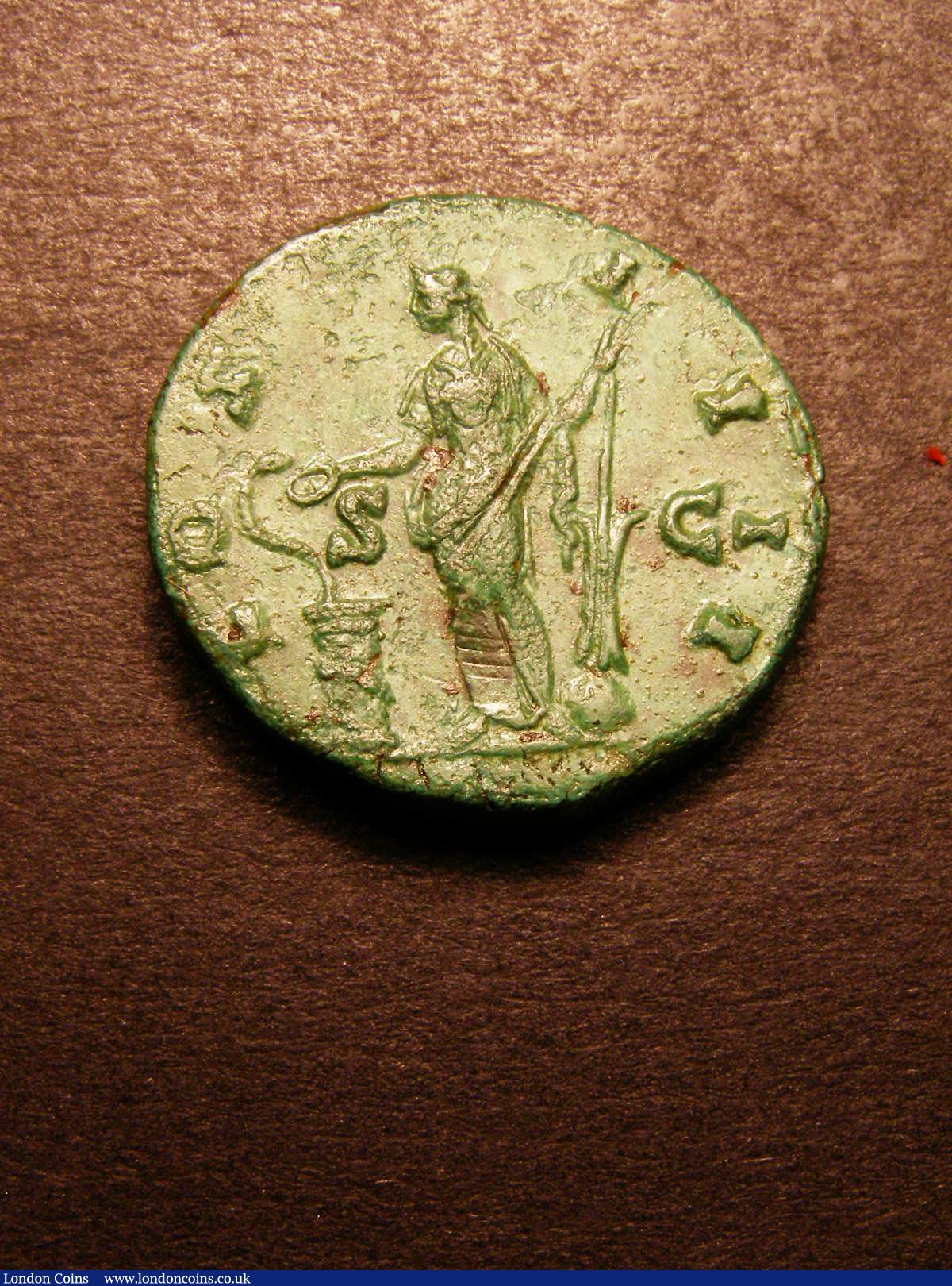 London Coins : A133 : Lot 76 : Dupondis Antnious Pius AD138-161 Salus standing left feeding serpent coiled around altar and holding...