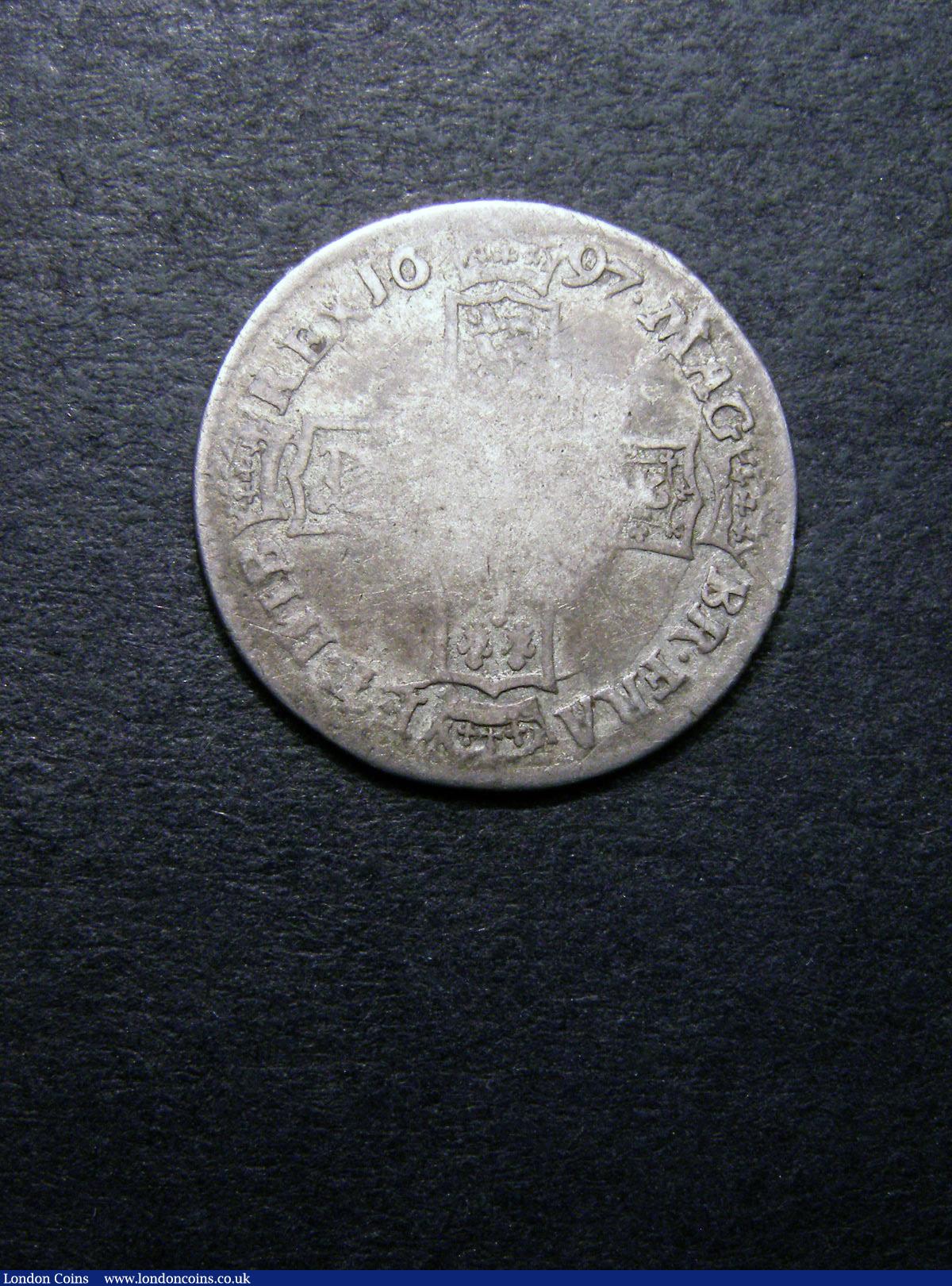 Sixpence 1697 Second Bust with G of GRA struck over a D a similar error to ESC 1564A (GR over DE, rated R4 by ESC) but with no evidence of overstrike on the R of GRA only Fair but unusual and unrecorded as such by ESC or Spink, presumably extremely rare : English Coins : Auction 133 : Lot 818
