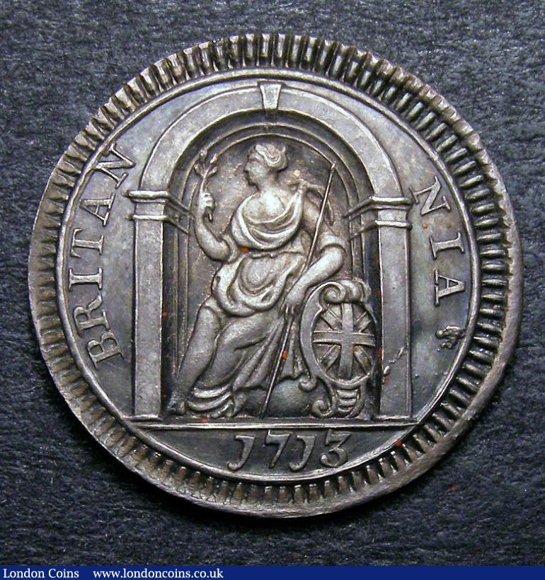 London Coins : A134 : Lot 1909 : Farthing 1713 Pattern in Silver Reverse Britannia in portico Obverse 4 Reverse D Peck 747 Reverse up...
