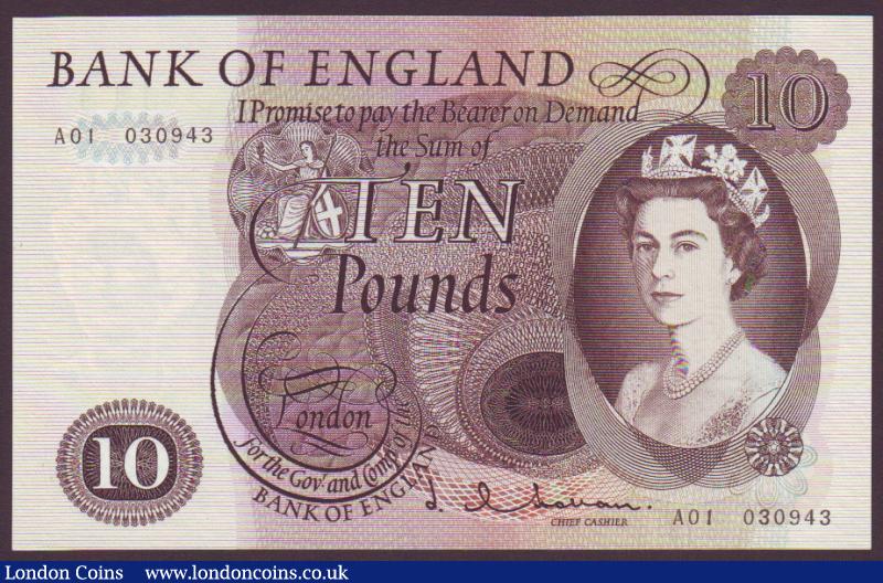 Ten pounds Hollom B299 issued 1964 first run serial A01 030943, about UNC : English Banknotes : Auction 135 : Lot 301
