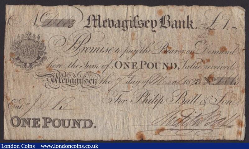 Mevagissey Bank £1 dated 1823 No.D663 for Philip Ball & Son, (Outing 1425a), congreve duty stamp on reverse, about Fine : English Banknotes : Auction 135 : Lot 481
