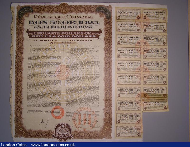 China, Chinese Gold Bond 1925 for 50 US gold dollars, brown with coupons. Text in French & English. GVF. : Bonds and Shares : Auction 136 : Lot 15