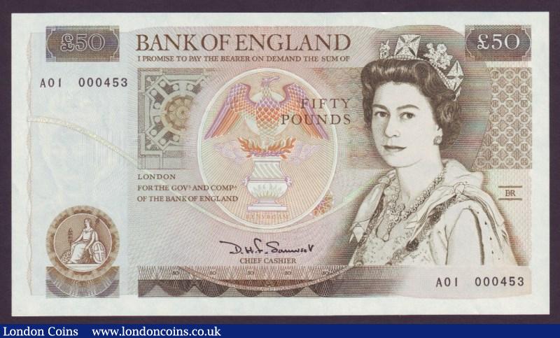 Fifty Pounds Somerset. B352. A01 First series. A01 000453. Low number. UNC. : English Banknotes : Auction 136 : Lot 424