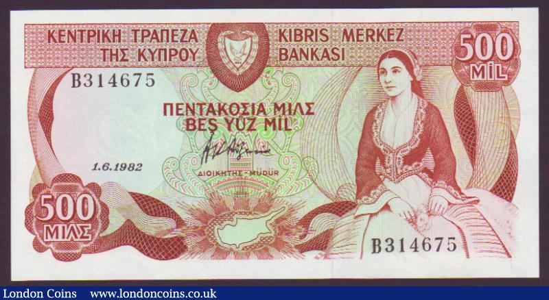 Cyprus 500 mils dated 1982 series B314675, Republic issue, Pick45, UNC : World Banknotes : Auction 136 : Lot 631
