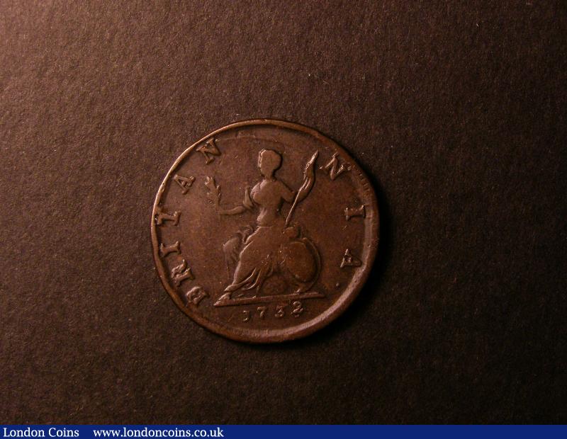London Coins : A136 : Lot 1842 : Farthing 1732 with 2 over halfpenny-sized 2 over 1 Fine/Near Fine with the variety very clear, u...