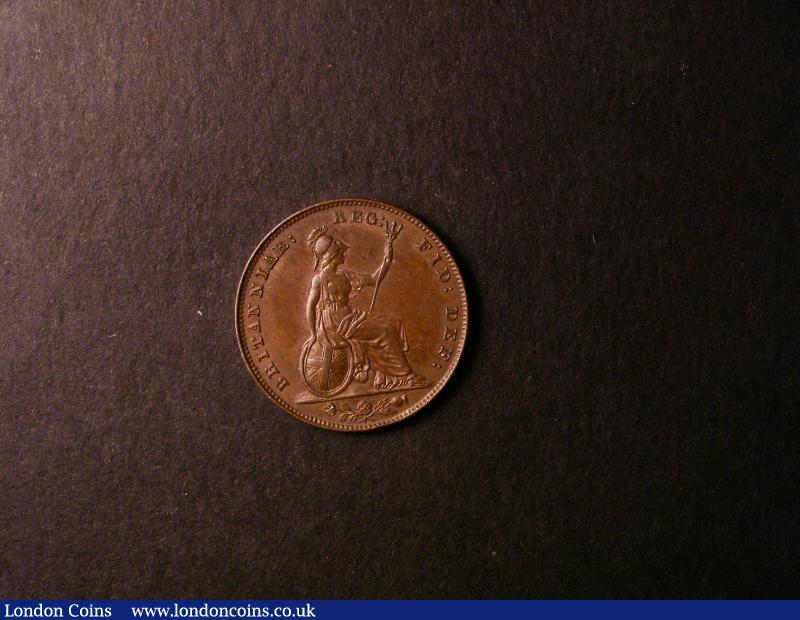 London Coins : A136 : Lot 1860 : Farthing 1845 Large Date unlisted in Peck VF or better with some surface nicks to the obverse, k...