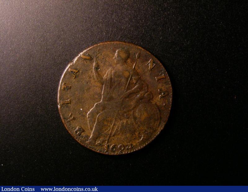 London Coins : A136 : Lot 2075 : Halfpenny 1694 Peck 602 VF the flan with some light pits, comes with old collectors ticket stati...
